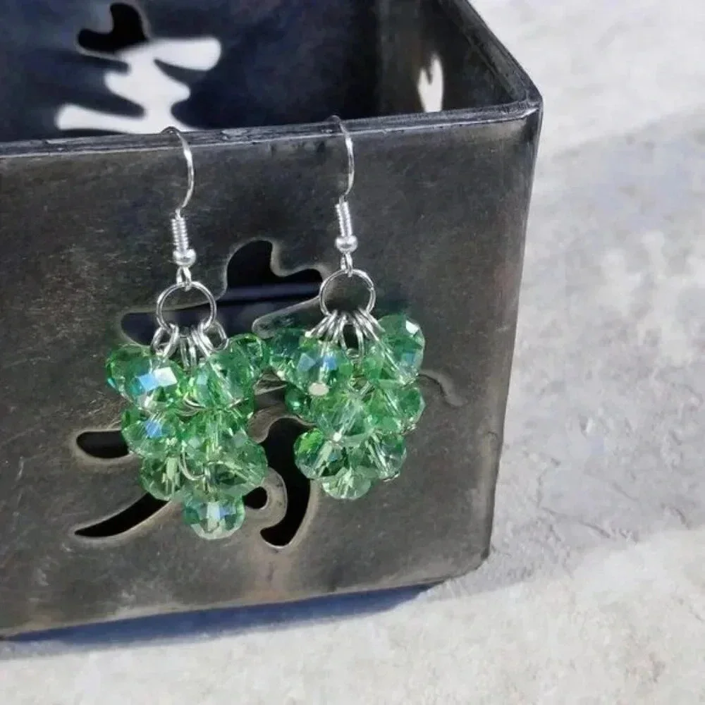 Handcrafted Green Faceted Austrian Crystal Beads Grape Cluster Dangle Earnings